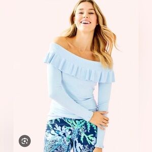 Lilly Pulitzer Siesta Off The Shoulder‎ Ruffle Sweater Crew Blue
